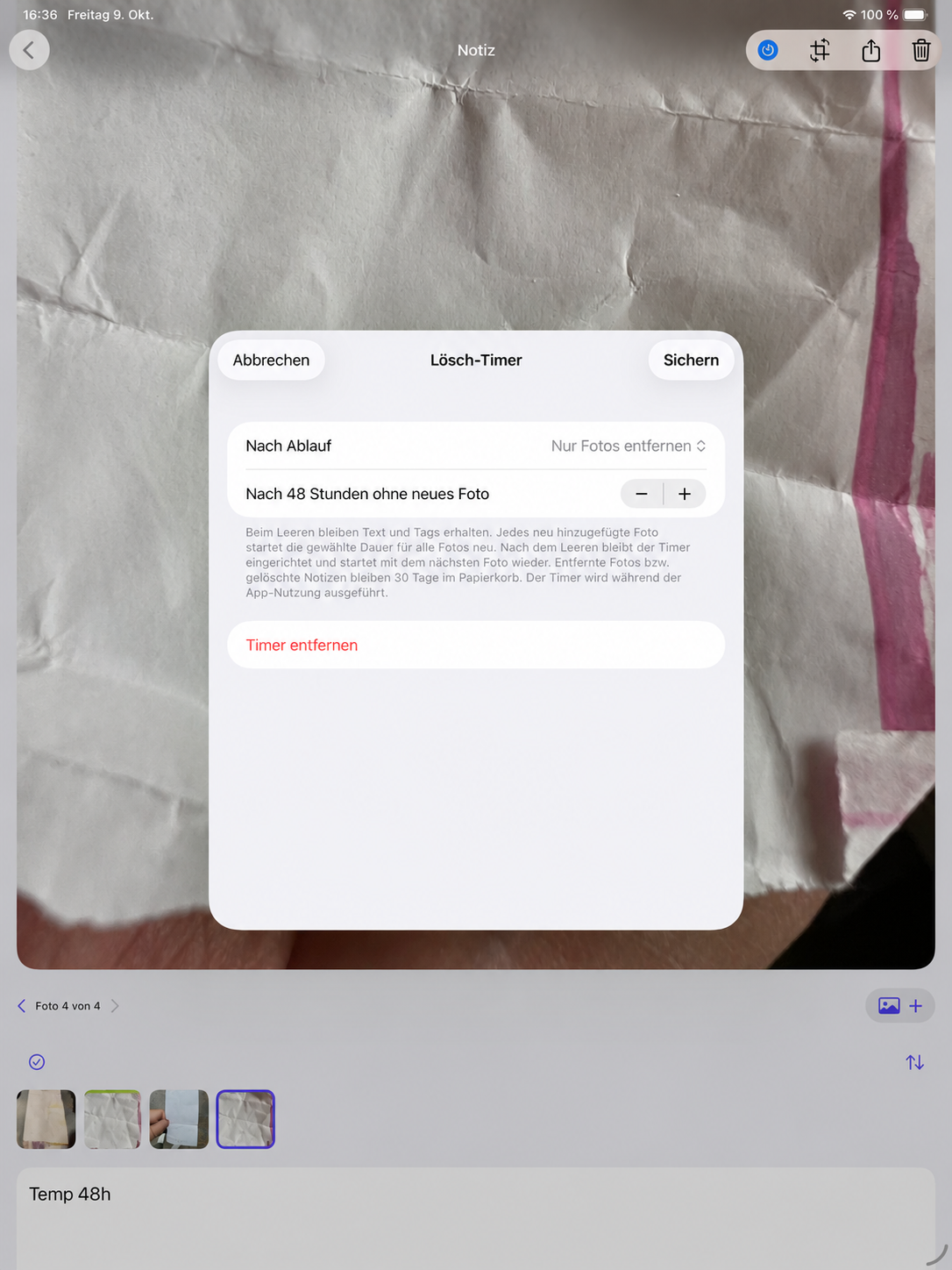 Photo note in SeparaPics with automatic timer settings