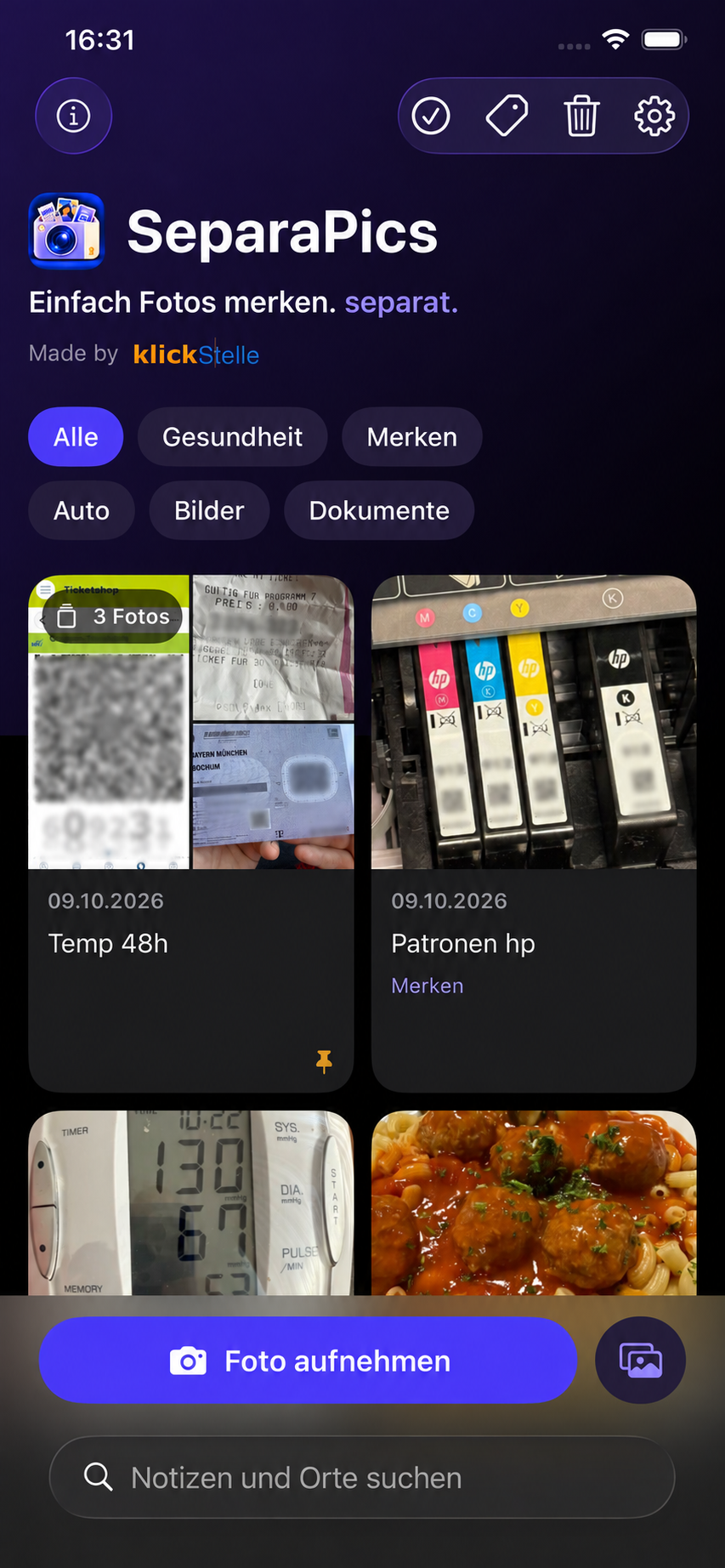 SeparaPics on iPhone with tags, grouped photo notes and a timer